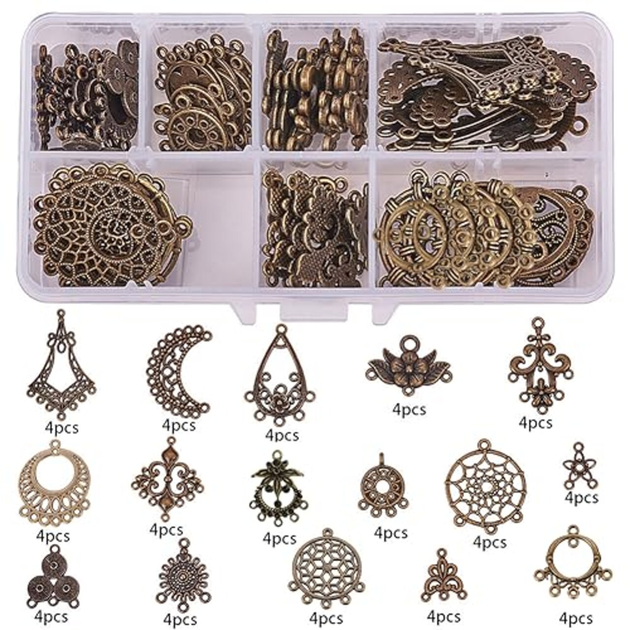 64 Pieces Assorted Chandelier Connector Charms Tibetan Style Antique Bronze Flower Dream Catcher Charm Earring Findings Loops Vintage Linking Connectors Charm for Jewelry Making Charms